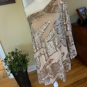 NWT Bebe Corsican Nights Moore Asymmetrical One-Shoulder Sequin Mini Dress